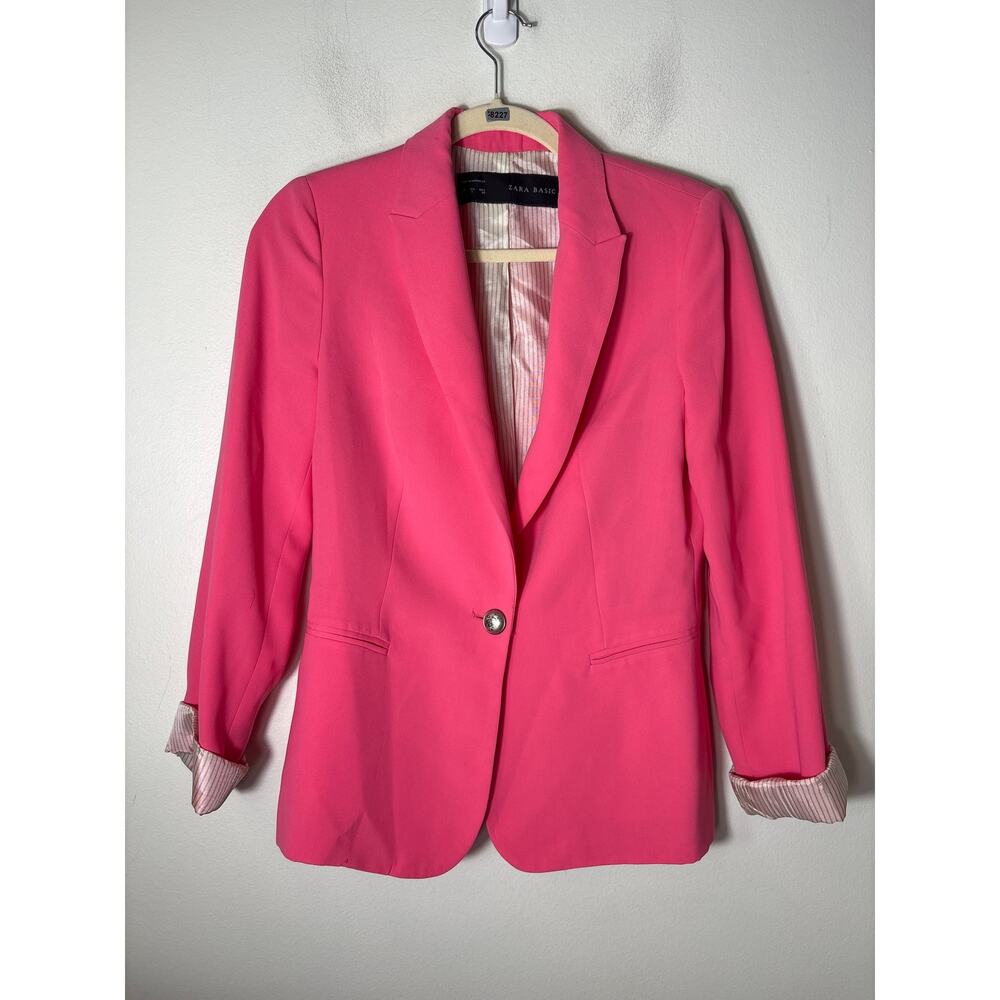 Zara Basic Bright Pink Long Sleeve One Button Blazer Sz S